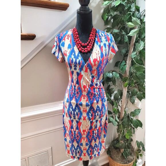 Jones New York Women Faux-Wrap Polyester V-Neck Cap Sleeve Knee Length Dress M - Picture 1 of 11